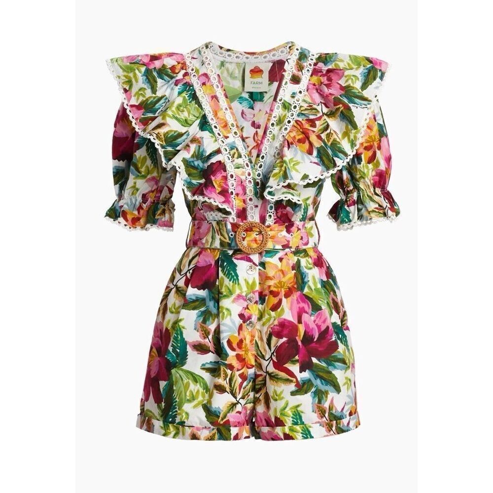 Farm Rio Women's Multicolor Floral Ruffle Belted V-Neck Romper Shorts Large NWOT - Picture 2 of 11